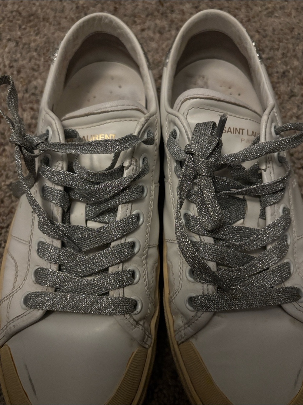 Saint Laurent SL/37 White Leather Glitter Low Top Sneakers Silver 39 - Picture 5 of 5